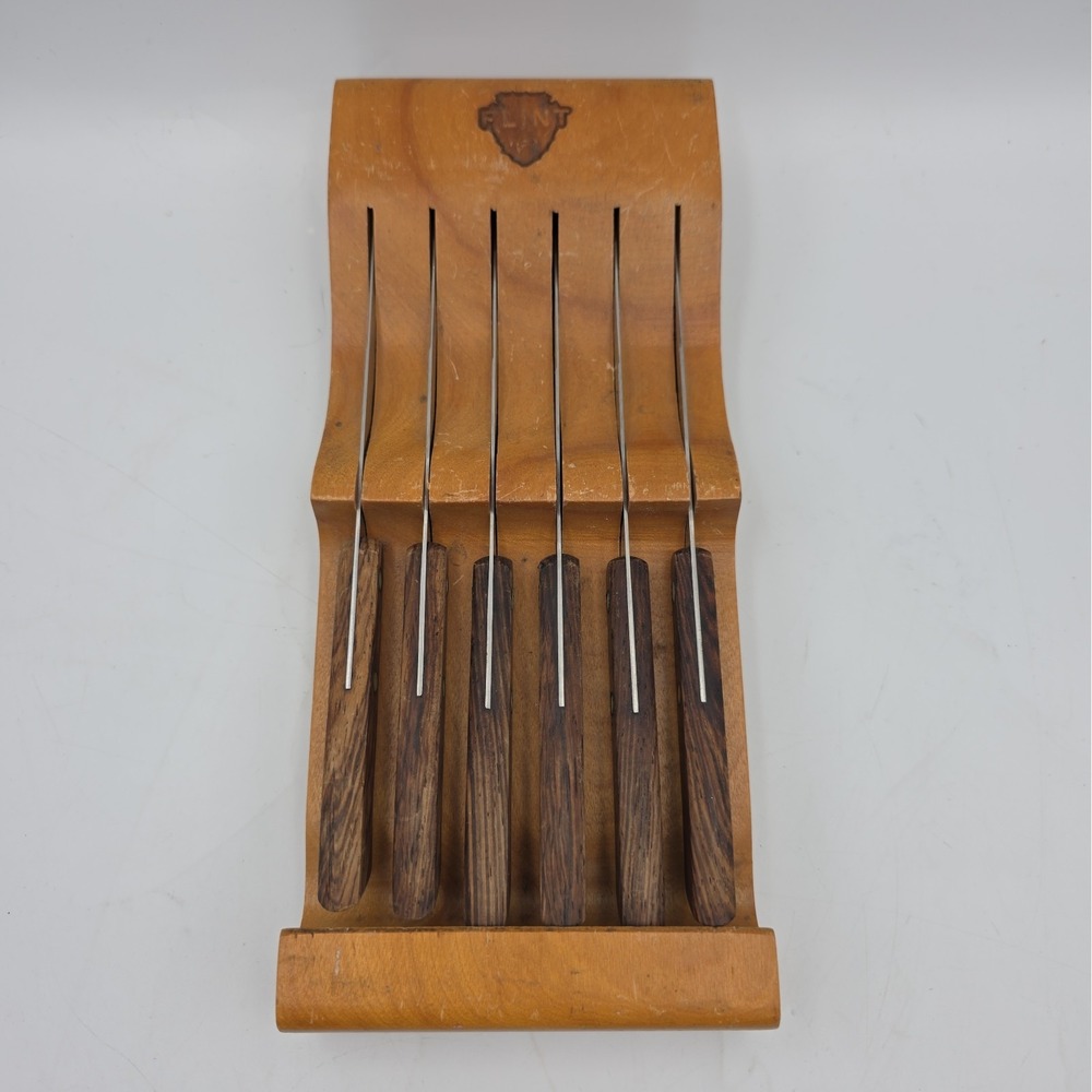 Vintage Set Of 6 Flint USA Wood Handle Steak Knives Wooden Case Waverly Edge MCM